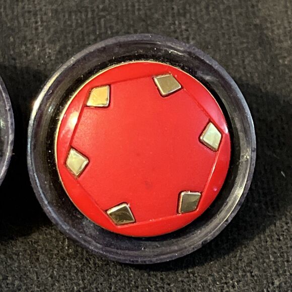 Unique Acrylic Button Clip On Earrings Black Red With Metal Stud Accents - Picture 3 of 6
